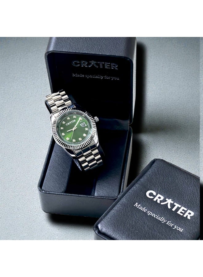 كريتر  ساعة كريتر (CRATER) للرجال – تصميم ملكي فاخر من الستانلس ستيل، مينا كلاسيكي مع عرض التاريخ، مقاومة للماء – تشمل علبة الماركة (فضي /أخضر). - Image 2